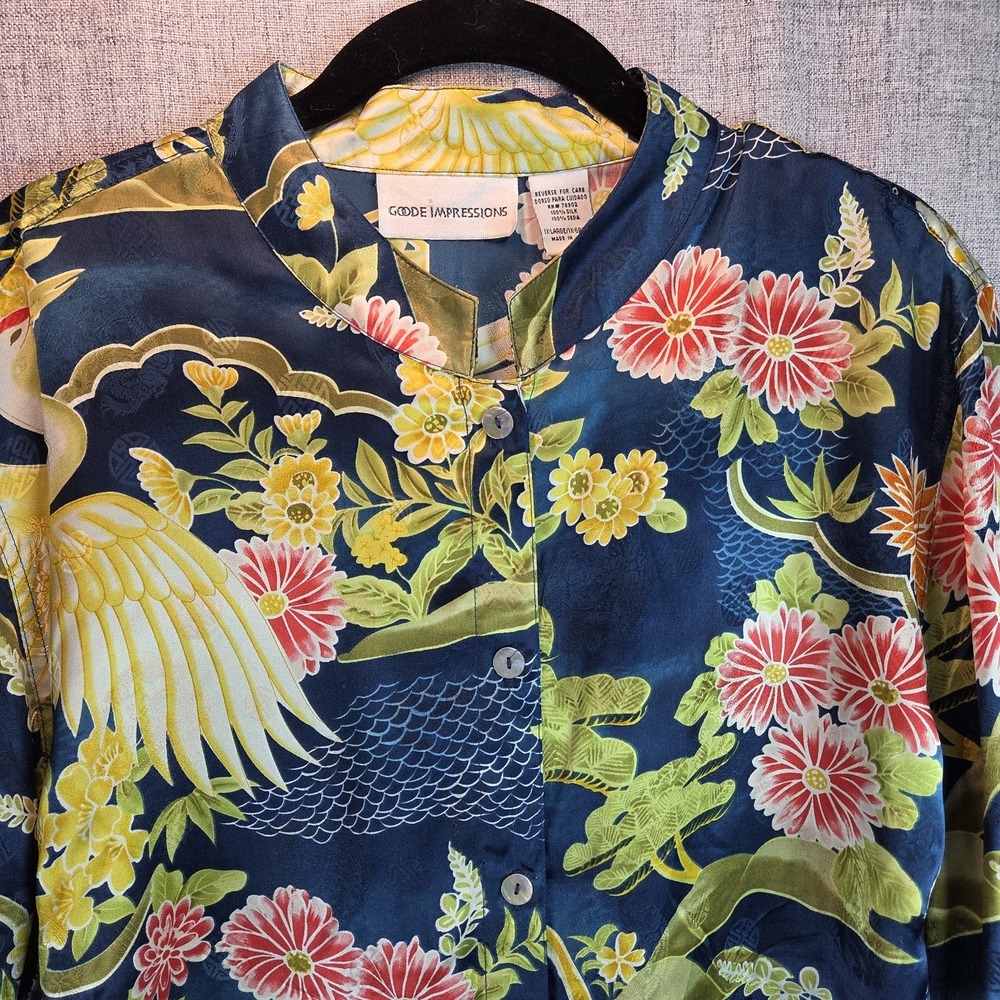 Blue Tropical Floral 100% Silk XL Mandarin Collar Cranes 80's Goode Impressions